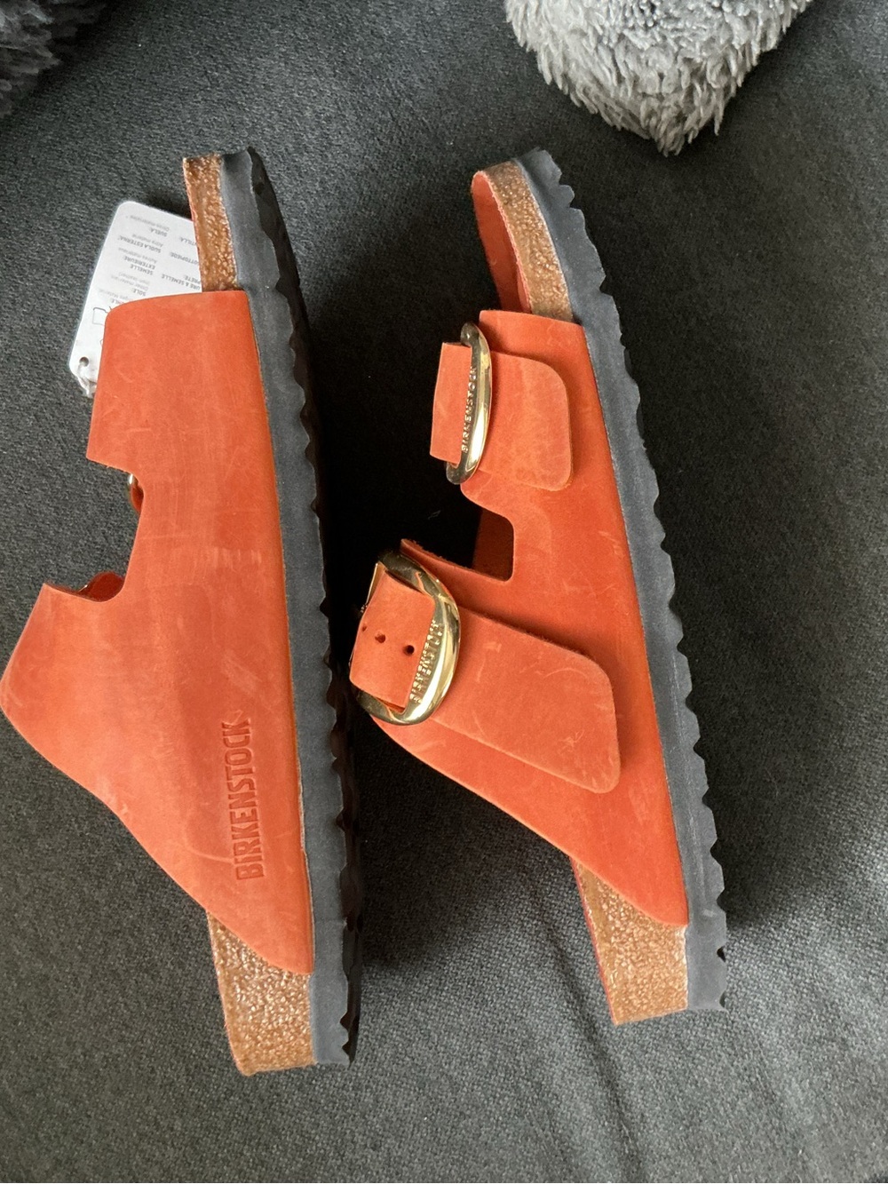 Birkenstock Orange Two-Strap Sandals with Gold Buckles - Picture 2 of 6